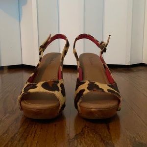Boden Calf Hair Peep Toe Leopard Print Sandals